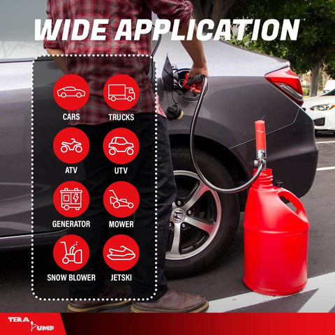 TERA PUMP Portable Battery Powered Gas Transfer Pump (2.6 GAL/MIN) in use for car fuel transfer with red gas can