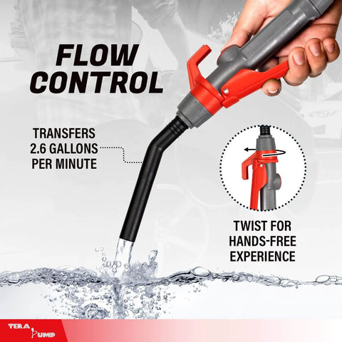 Hand using TERA PUMP Portable Battery Powered Gas Transfer Pump with quick stop nozzle, adjustable intake, showing 2.6 GAL/MIN flow control.