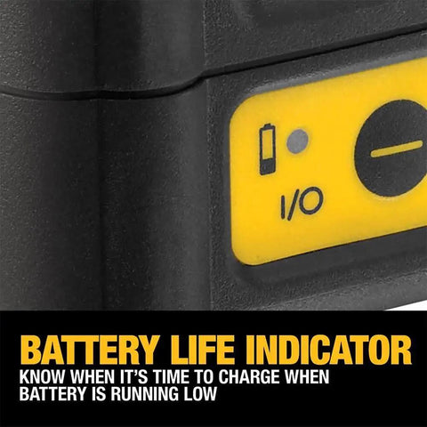 Close-up of a battery life indicator on a Compact Self Leveling Red Cross Line Laser Delivers Fast, Precise Layout For Walls, Cabinets, Tile, And Fixtures With A 165 Ft Range Using A Detector, IP54 Protection, And 1/8 In Accuracy At 30 Ft For Reliable Performance On Busy Construction Sites, displaying low battery and power symbols.