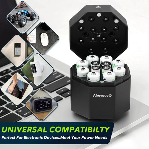 Rechargeable AA and AAA Battery Pack With 12-Channel Charger and Storage Box on laptop