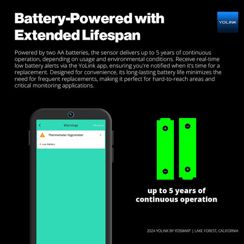 YoLink smart thermometer hygrometer app on a phone; teal UI shows warnings and two green battery icons, YoLink logo