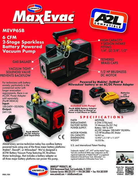 Go-To 6 CFM 2-Stage Sparkless Battery Powered Vacuum Pump For HVAC with battery compatibility details and specifications overview.