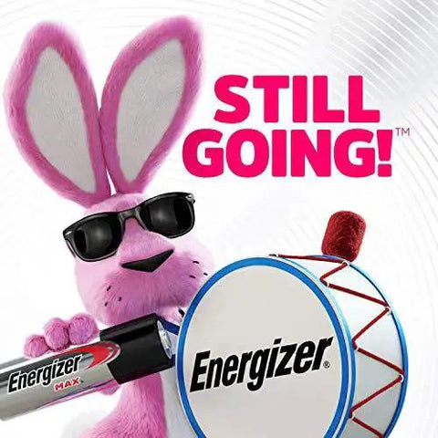 Cartoon pink bunny with sunglasses holding a drum and Energizer battery, with "Still Going!" text.