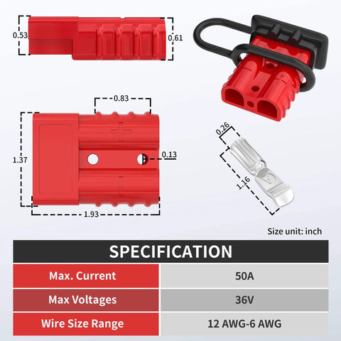 Diagram of red Four Pack 50 Amp Battery Quick Connect Disconnect Connector Kit For 6 To 12 AWG Cable 600V Wire Harness Plug specifications.