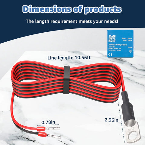 Temperature sensor replacement cable for Victron Energy; red/black twin-conductor coil and blue Smart Battery Sense unit