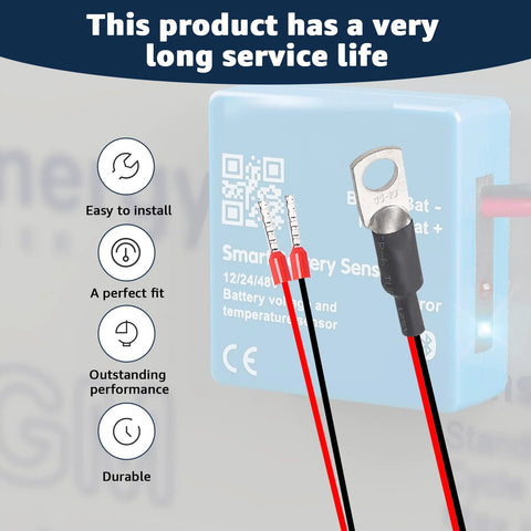 Temperature sensor replacement for Victron Energy with red and black leads and a metal spade terminal beside a blue sensor module.