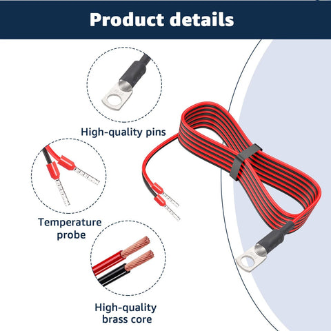 Temperature sensor replacement cable for Victron Energy; red/black flat two-conductor lead with ring terminals and copper probe.