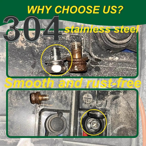 72Pcs Battery Terminal Bolts and Nuts Set M6 10 12 14 16 18 20mm 304 Stainless Steel With Square Nuts For ATV Scooter, showing rust-free installation.
