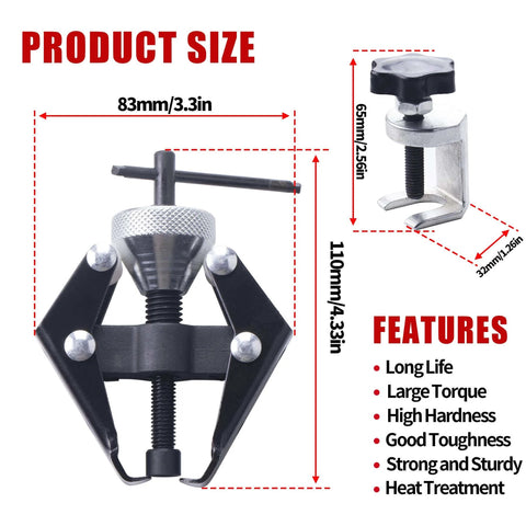 Battery Terminal and Wiper Arm Puller Tools with dimensions and features, including Long Life and Large Torque.
