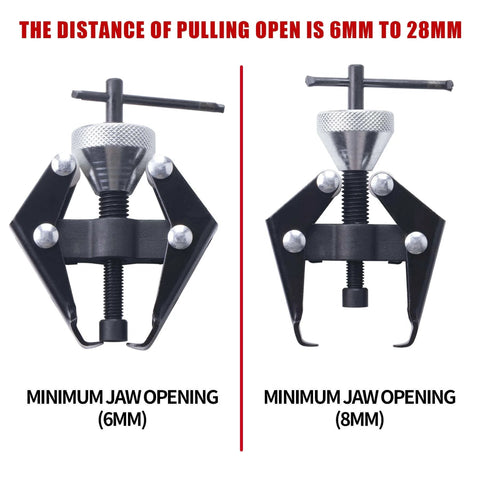 Battery Terminal and Wiper Arm Puller Tools, showing minimum jaw openings of 6mm and 8mm, heavy-duty design for arm removal