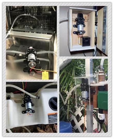 Bayite 12V DC Fresh Water Pressure Diaphragm Pump with Hose Clamps Self Priming Sprayer Pump with Pressure Switch 4 L/Min in various setups