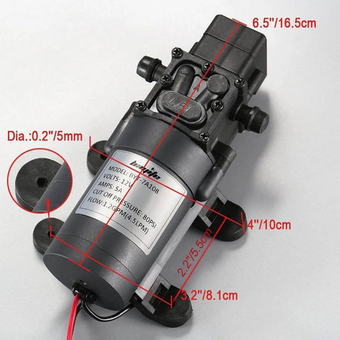 bayite 12V DC Water Transfer Pump with 2 Hose Clamps 12 Volt Diaphragm Pump with Pressure Switch, dimensions shown