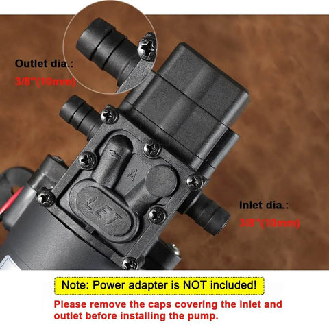 bayite 12V DC Water Transfer Pump with 2 Hose Clamps detail of inlet and outlet 3/8 inch diameter