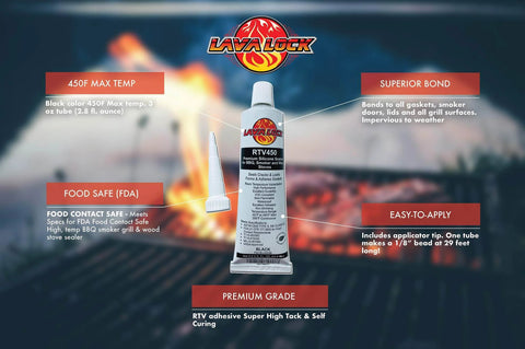 Black Food Safe BBQ Adhesive For High Temperature Grills Smokers And Wood Stoves 3 Oz RTV Silicone Sealant tube on a grill