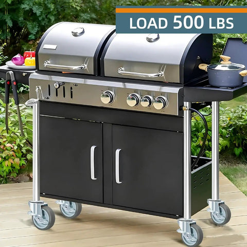 Barbecue grill on deck fitted with Rubber Swivel Caster With Side Brakes, 3 Inch Wheel, Threaded Stem 3/8 Inch Diameter for mobility.