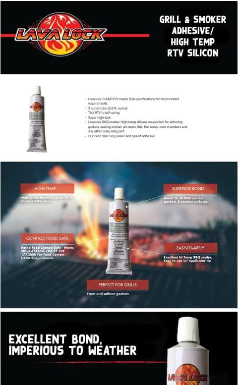 Food Safe BBQ Grade Adhesive For Grills And Smokers High Temp RTV Silicone Clear 3 Ounce tube on grill background.