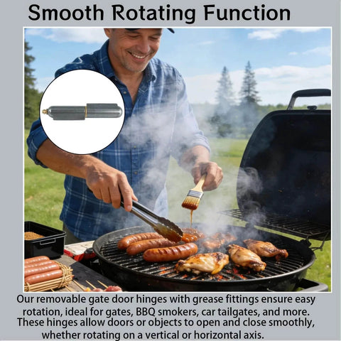 Man grilling sausages and chicken with BBQ grill, inset showing 12 Pcs 4 Inch BBQ Smoker Bullet Weld On Bullet Hinges Heavy Duty Weldable Barrel Hinges
