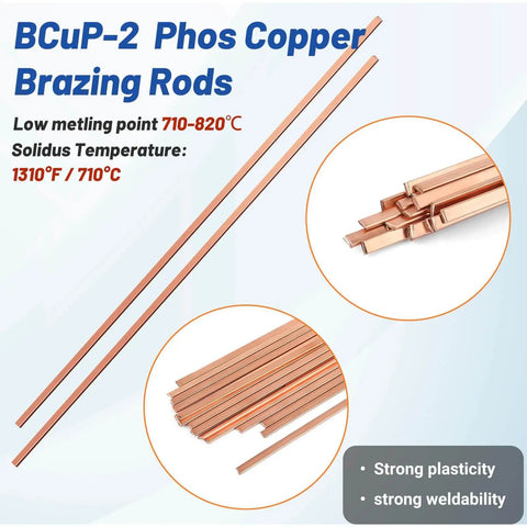 BCuP-2 Phos Copper Brazing Rods for HVAC, low melting point 710-820°C, used for strong plasticity and weldability shown in detail.