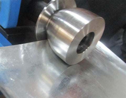 Close-up of Eight Radius Die Set For Bead Roller With 22mm Shaft on steel sheet, showcasing CR12 steel die and smooth radius edge formation.