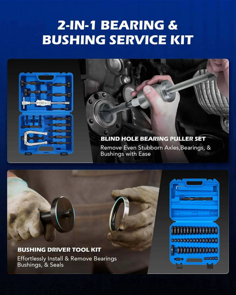 2 in 1 Blind Hole Bearing Puller & Bushing Press Kit with blue tool case, bearing puller, and driver tool kit in use