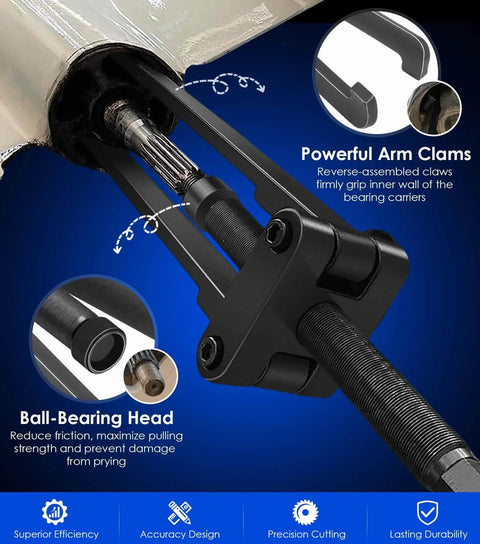 Close-up of Lower Bearing Carrier Puller with adjustable arms and powerful arm clamps for 115HP and up outboard gearcases