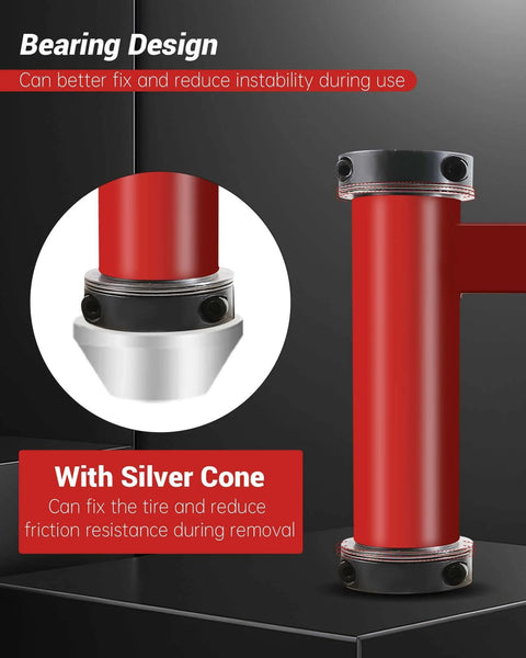 Close-up of Bearing Manual Tire Changer Duck Head Adapter Kit with Silver Cone, featuring red cylindrical design and black fittings
