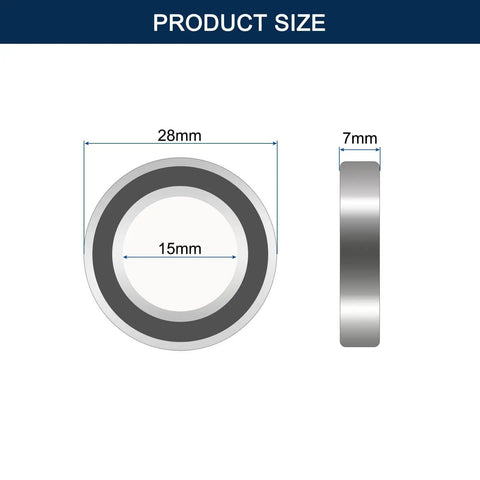 6902-2RS Deep Groove Ball Bearings Pack Of 10 With Double Rubber Seals, Pre Lubricated Chrome Steel GCr15, ID 15Mm OD 28Mm Width 7Mm Beefy Heavy Duty Bearings For Machinery And Hobby Projects, front and side view dimensions with labels, 28mm OD, 15mm ID, 7mm width showing product size.