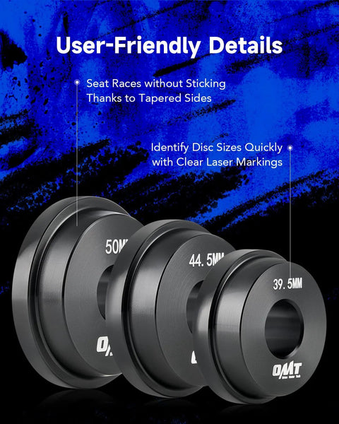 Close-up of Bearing Press Kit, 10pc Bearing Race and Seal Driver Set showing three black adapters with size markings on a blue background.