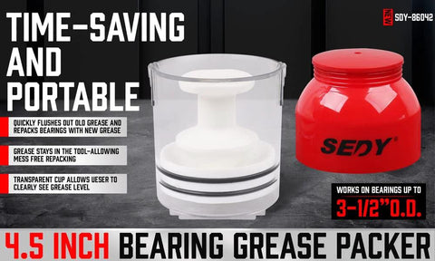 4.5 inch Premium Bearing Packer Kit with red grease container, Handy Wheel Bearing Packer Tool Portable, for bearings up to 3-1/2 inch O.D.