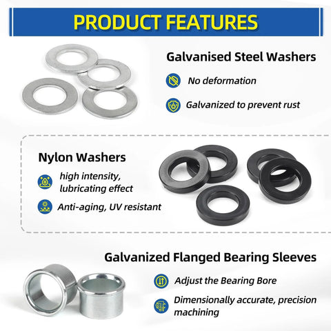 Bearing Bore Hole And Hub Length Adjustment Hardware Kit With Flanged Sleeves And Nylon And Steel Washers Product Features