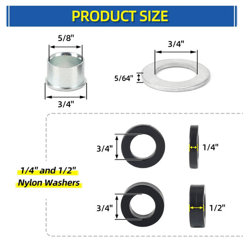 Product dimensions of Bearing Bore Hole And Hub Length Adjustment Hardware Kit with flanged sleeves, steel and nylon washers.