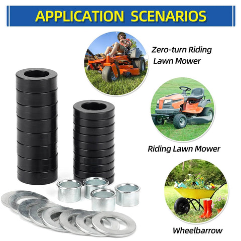 Bearing Bore Hole And Hub Length Adjustment Hardware Kit displayed with washers and spacers, suitable for wheelbarrows and lawn mowers.