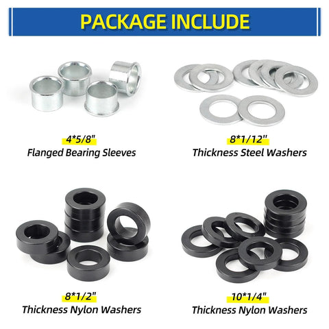 Bearing Bore Hole And Hub Length Adjustment Hardware Kit With Flanged Sleeves And Nylon And Steel Washers for precise alignment.