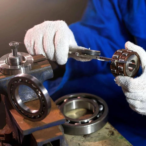 Technician inspecting MR84-2RS deep groove ball bearings, 4mm inner dia, 8mm OD, 3mm bore, double sealed chrome steel, Z2 10pcs.