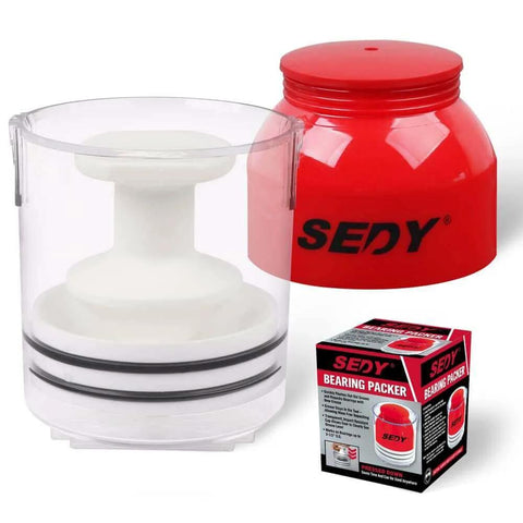 Premium Bearing Packer Kit showing parts and packaging with Handy Wheel Bearing Packer Tool Portable Wheel Bearing Grease Packer