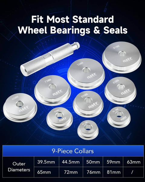 10pc Bearing Press Kit with Race and Seal Driver Set showing aluminum adapters and knurled handle on dark background.