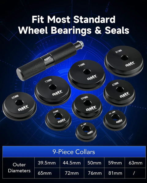 Bearing Press Kit, 10pc Bearing Race and Seal Driver Set components with 9 bearing adapters and handle, shown against blue background