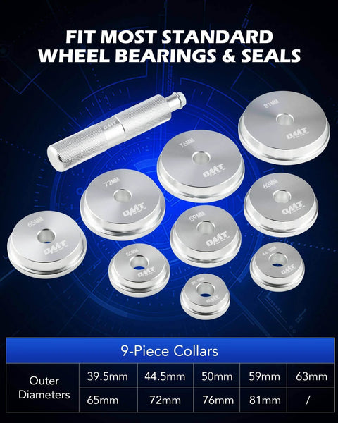 Bearing Press Kit & Blind Hole Collet Bearing Race and Seal Puller Extractor Kit showing 9 driver discs and tool, fit for wheel bearings and seals.