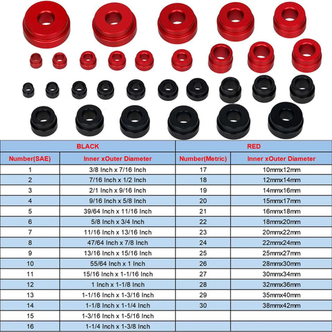 Bearing Press Kit, Bearing Race and Seal Driver Set showing 43-piece sizes in red and black, with diameter chart in inches and metric