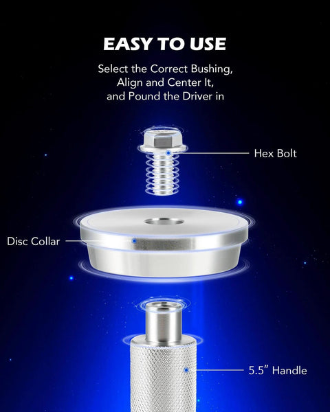 Diagram of Bearing Press Kit & Blind Hole Collet Bearing Race and Seal Puller Extractor Kit components: hex bolt, disc collar, and handle.