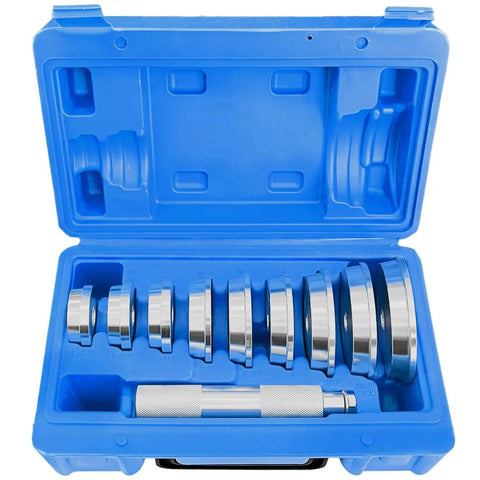 10 Piece Bearing Press Kit With Universal Bearing Race And Seal Driver Set Including 9 Adapters 39.5mm 44.5mm 50mm 59mm 63mm 65mm 72mm 76mm 81mm And Seal Driver For Automotive Bearing Installation Blue