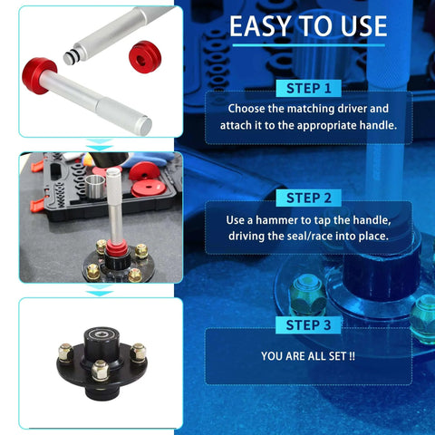 Instruction guide for Bearing Press Kit, Bearing Race and Seal Driver Set showing assembly steps and tools included in the set.