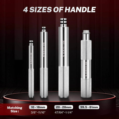 Four stainless steel handles of varying sizes for Bearing Press Kit, 43 Piece Bearing Race and Seal Driver Set, with matching sizes listed