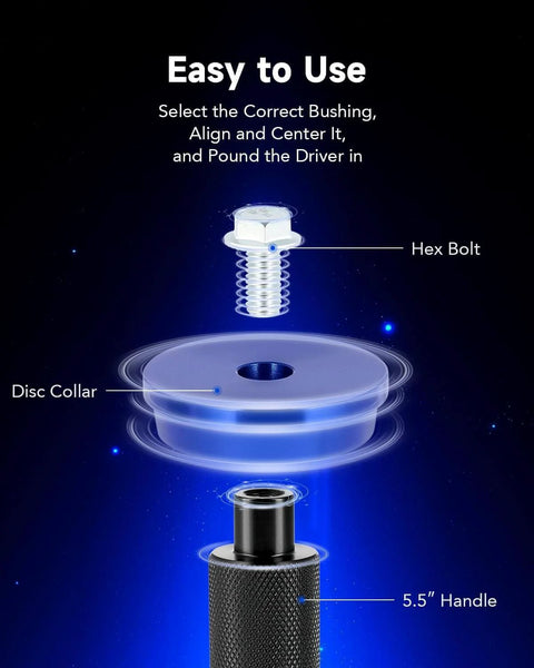 Diagram showing hex bolt, disc collar, and knurled handle from 10pc Bearing Press Kit with Race and Seal Driver Set for easy use.
