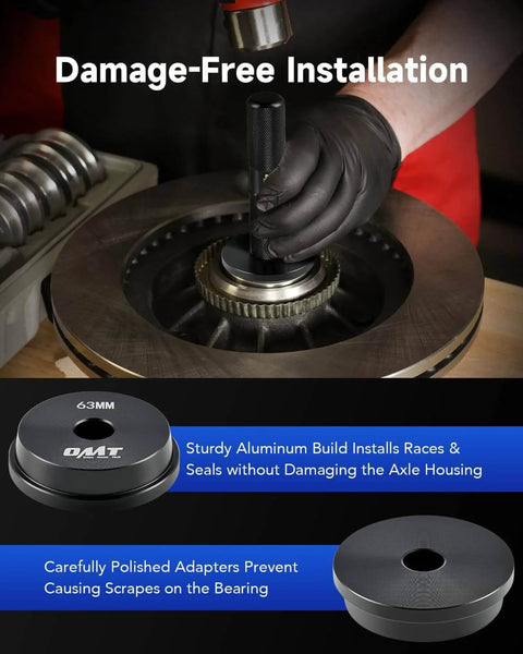 Bearing Press Kit, 10pc Bearing Race and Seal Driver Set in use, showing installation process with seal driver and adapter.