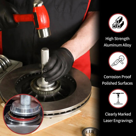 Using 10 Piece Bearing Press Kit With Universal Bearing Race And Seal Driver Set Including 9 Adapters 39.5mm 44.5mm 50mm 59mm 63mm 65mm 72mm 76mm 81mm And Seal Driver For Automotive Bearing Installation Blue on disc brake.