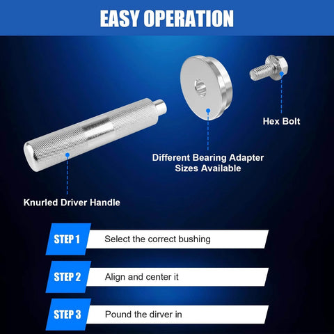 10pcs Bearing Race and Seal Driver Set with knurled driver handle and hex bolt, labeled for ease of assembly in automotive mounting.