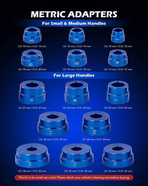 Various metric adapters for 33pc Bearing Press Kit for Small Vehicles, showing different sizes for small, medium, and large handles.