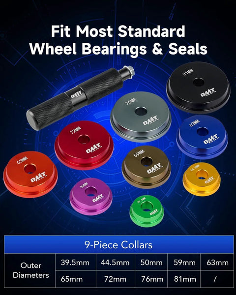 9 dual sided bearing adapters and knurled handle from 10pc Bearing Press Kit with Race and Seal Driver Set, arranged colorfully