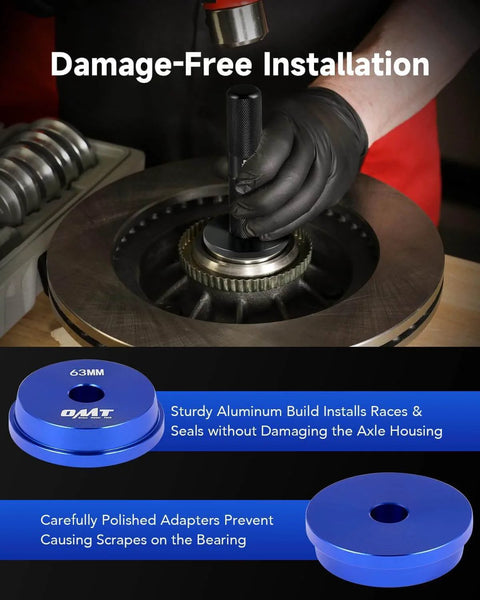 Mechanic using 10pc Bearing Press Kit with Race and Seal Driver Set, demonstrating damage-free installation on axle housing.